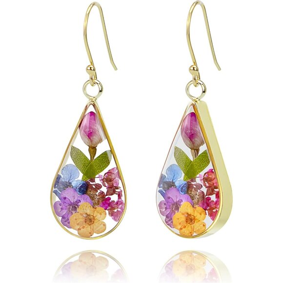 925 Sterling Silver Dried Flower Teardrop Earrings Hypoallergenic Gift for Women